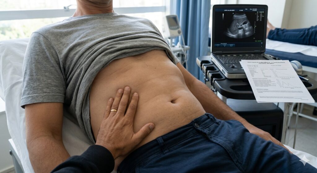 Mão sobre o abdômen ao lado de exames usados para investigar gordura no fígado