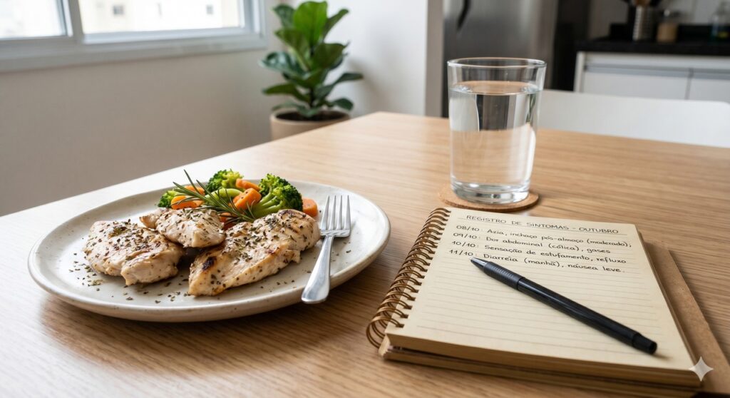 Alimentos ricos em proteína ao lado de anotações que ajudam a observar sinais digestivos