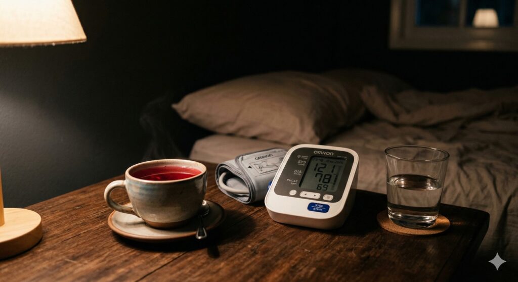 Cena realista com chá de hibisco associada à saúde do coração e ao controle da pressão arterial