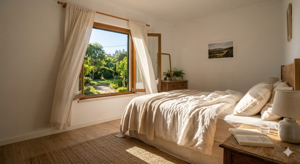 Luz natural iluminando o quarto ao amanhecer ajudando a regular o sono