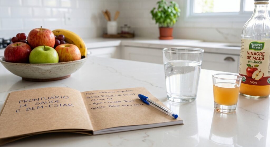 Bebida com vinagre de maçã em cena que remete a uso caseiro com cautela para saúde hepática.