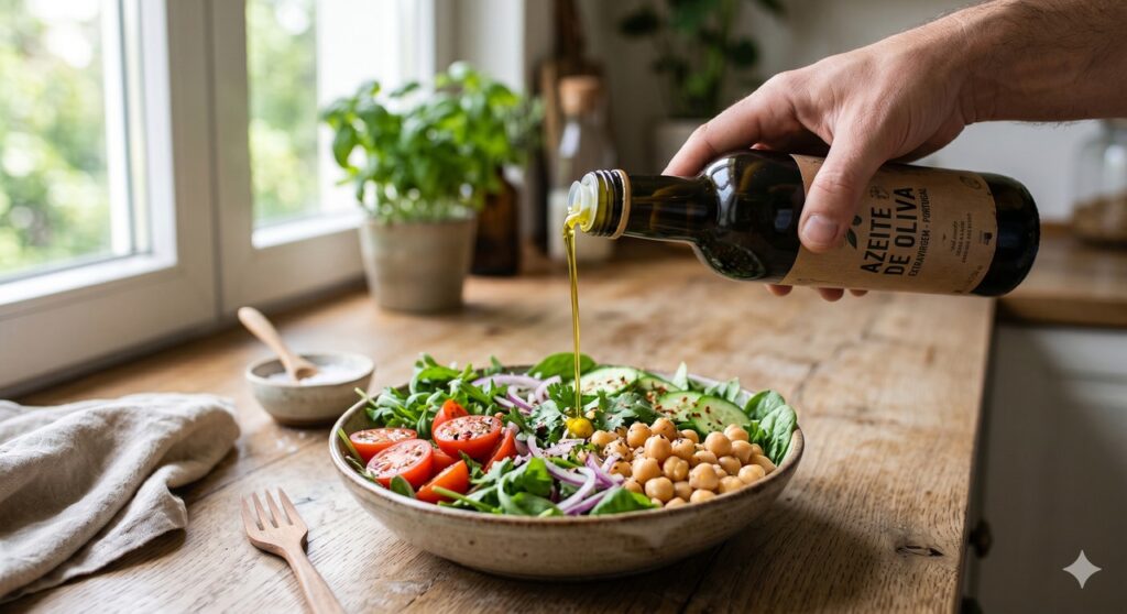 Mãos adicionando azeite de oliva a uma salada com grão-de-bico e vegetais.