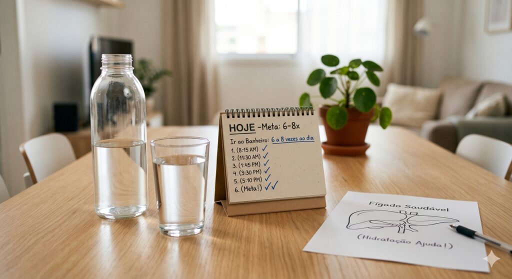 Cena mostra água e um calendário com a frequência urinária normal ao aumentar a hidratação