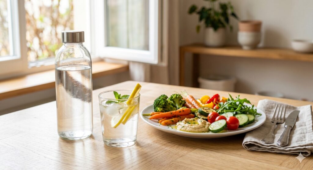 Bebida com eletrólitos e refeição leve em uma rotina de hidratação e cuidado digestivo.