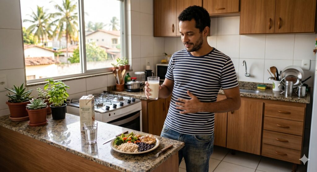 Pessoa segura bebida de soja sem açúcar como opção proteica mais leve para a rotina.