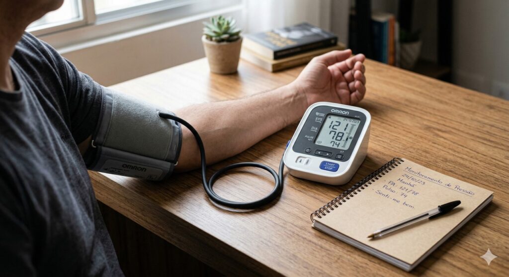 Aparelho de pressão no braço e anotações da medição em ambiente doméstico