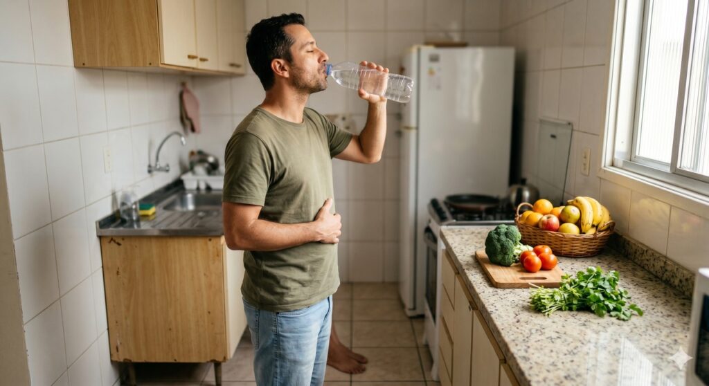 Pessoa bebe água na cozinha para apoiar digestão, fígado e equilíbrio do organismo.