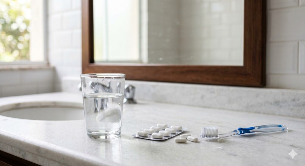 Objetos que ajudam a contextualizar causas comuns de gosto amargo persistente na boca.