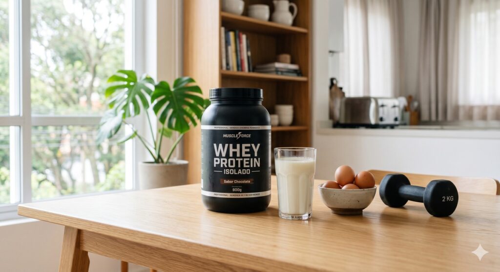 Whey e alimentos ricos em proteína remetem ao apoio muscular e ósseo na prevenção de fraturas.