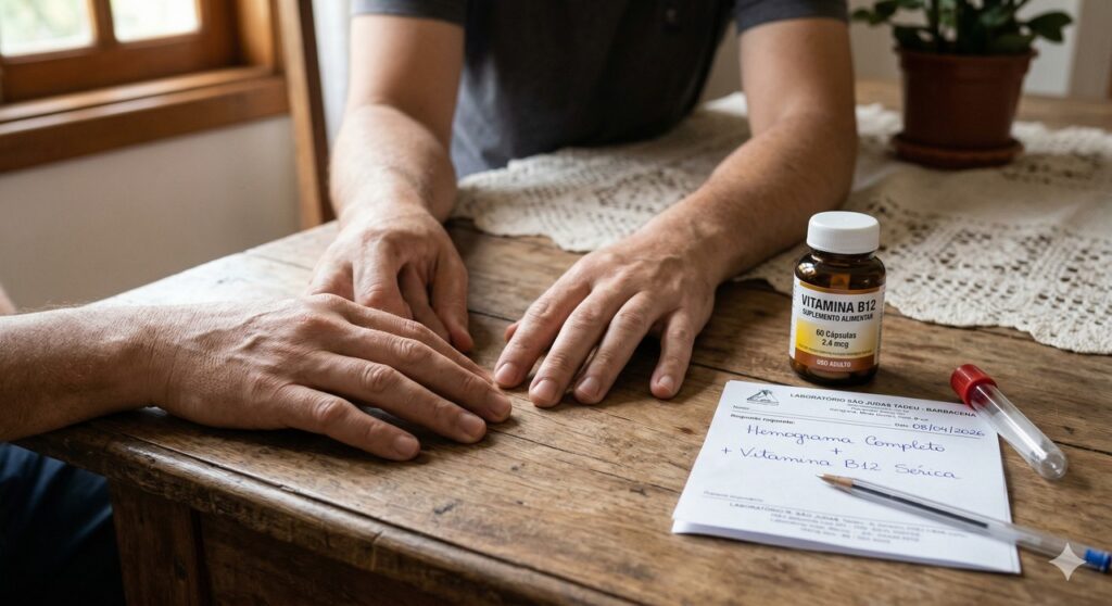 Formigamento nas mãos pode ser um sinal de deficiência de vitamina B12.