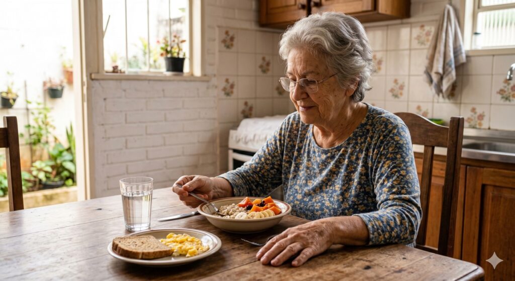 Pessoa idosa mantém rotina com água e alimentos simples para apoiar o intestino e os nutrientes vitais.