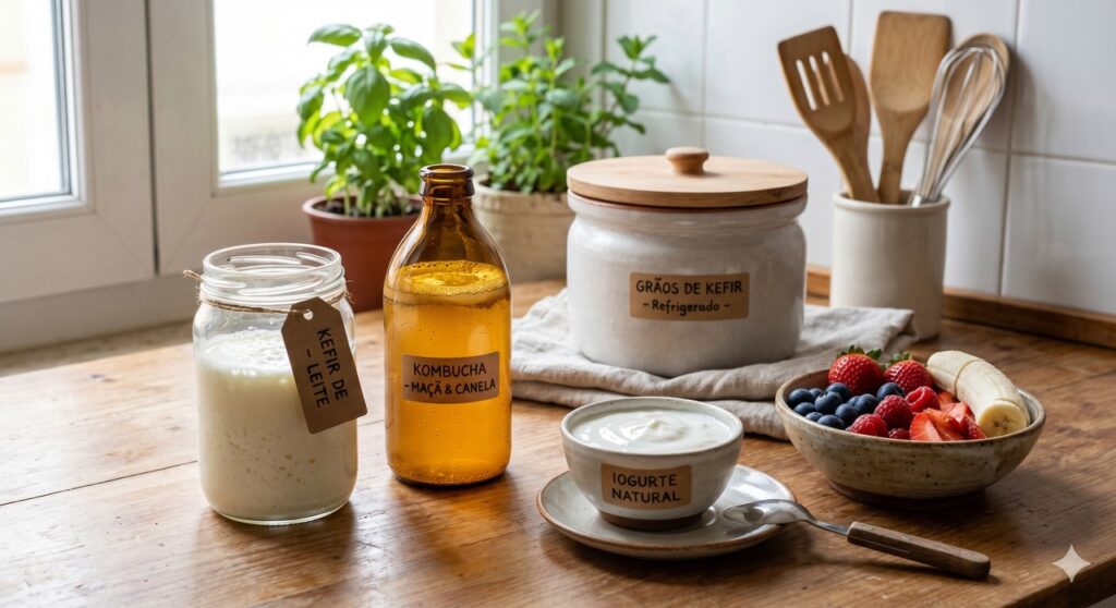 Cena mostra bebidas probióticas usadas para ajudar o intestino e a microbiota