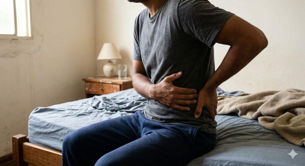 Pessoa segura o lado esquerdo do tronco e as costas diante de uma dor que exige atenção