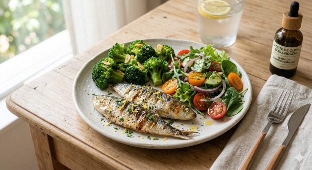 Sardinha, brócolis e azeite em uma cena ligada ao cuidado natural com o fígado