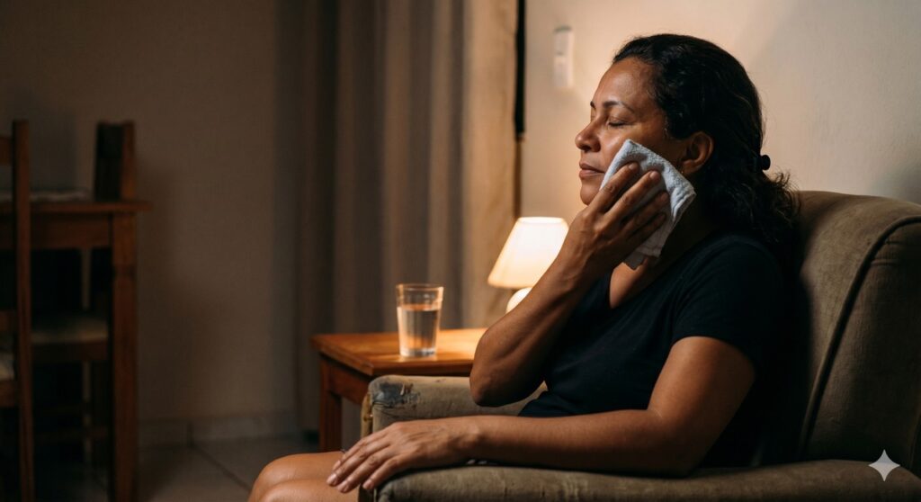 Pessoa usa compressa fria em casa para aliviar a dor de dente com mais segurança.