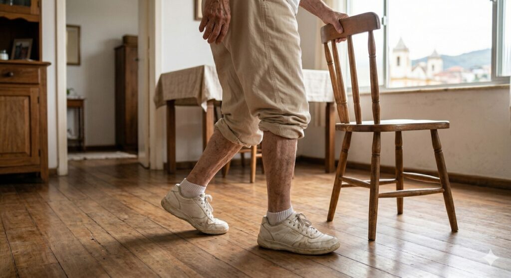 Cena mostra a caminhada na terceira idade com foco na força e estabilidade das pernas.