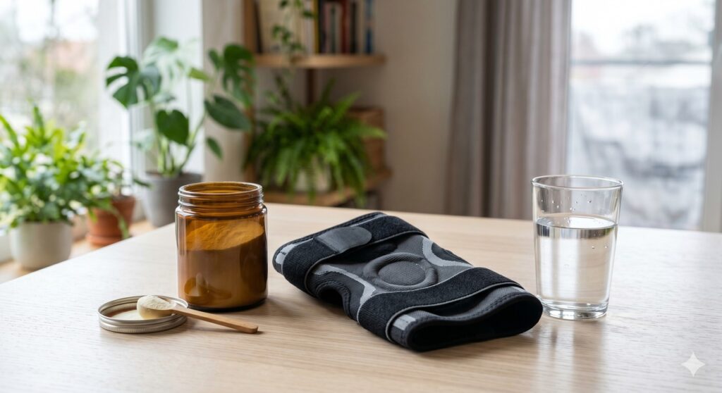 Colágeno e itens do dia a dia em uma rotina de apoio ao cuidado articular.