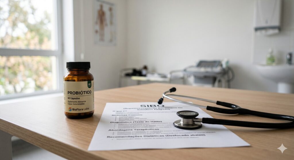 Frasco de probiótico e referência à SIBO em cena que remete à avaliação cuidadosa.