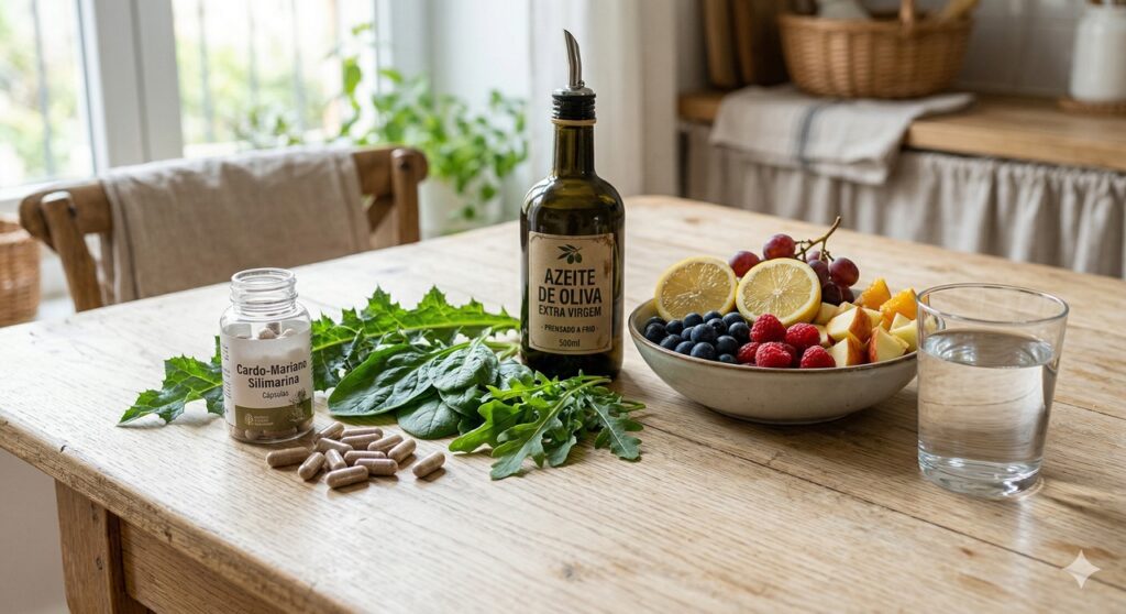 Cena com cardo-mariano e alimentos de rotina saudável associados ao cuidado com o fígado