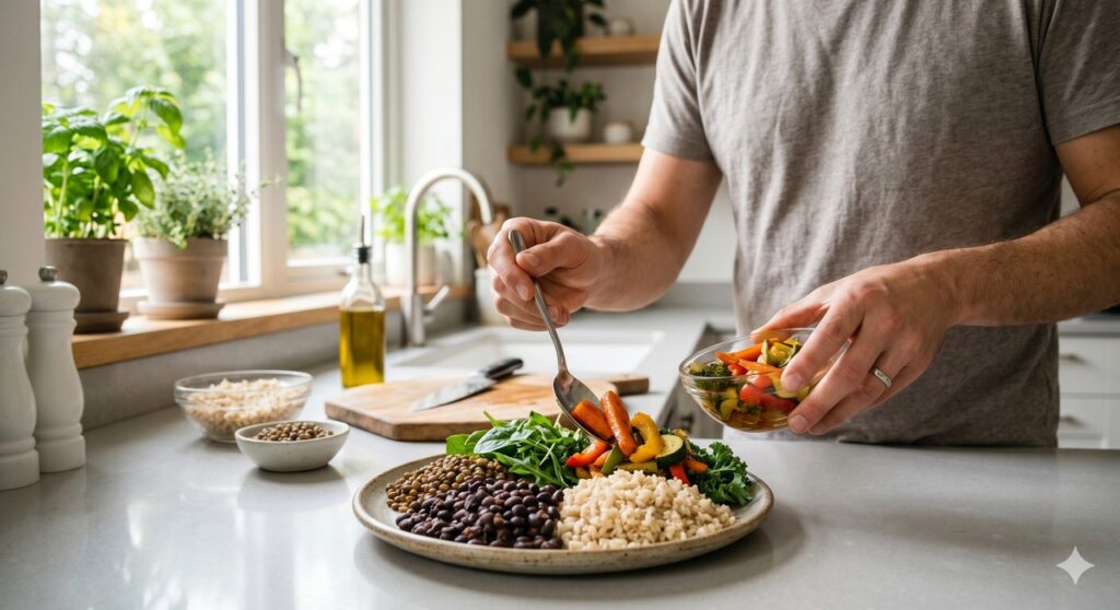 Pessoa preparando um prato rico em fibras para apoiar o microbioma intestinal.