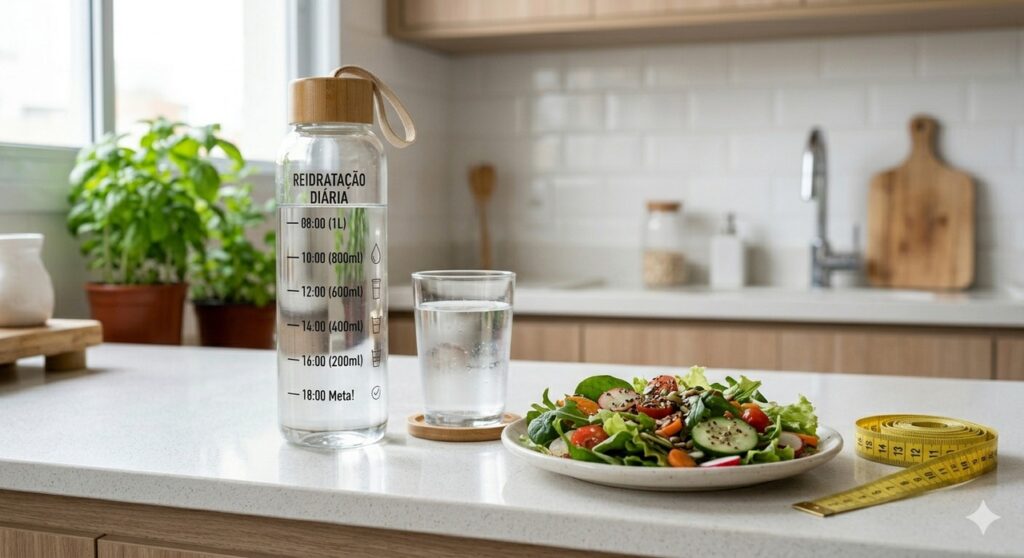 Hidratação e alimentação equilibrada em cena simples ligada ao apoio ao fígado