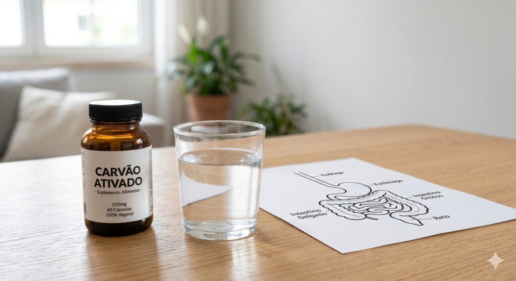 Carvão ativado em cena que remete ao alívio de gases e ao uso com cautela no intestino.
