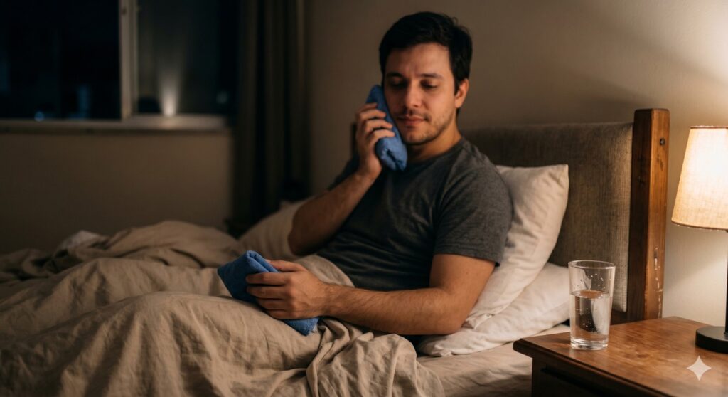 Pessoa usa compressa fria à noite para aliviar a dor de dente com mais segurança.