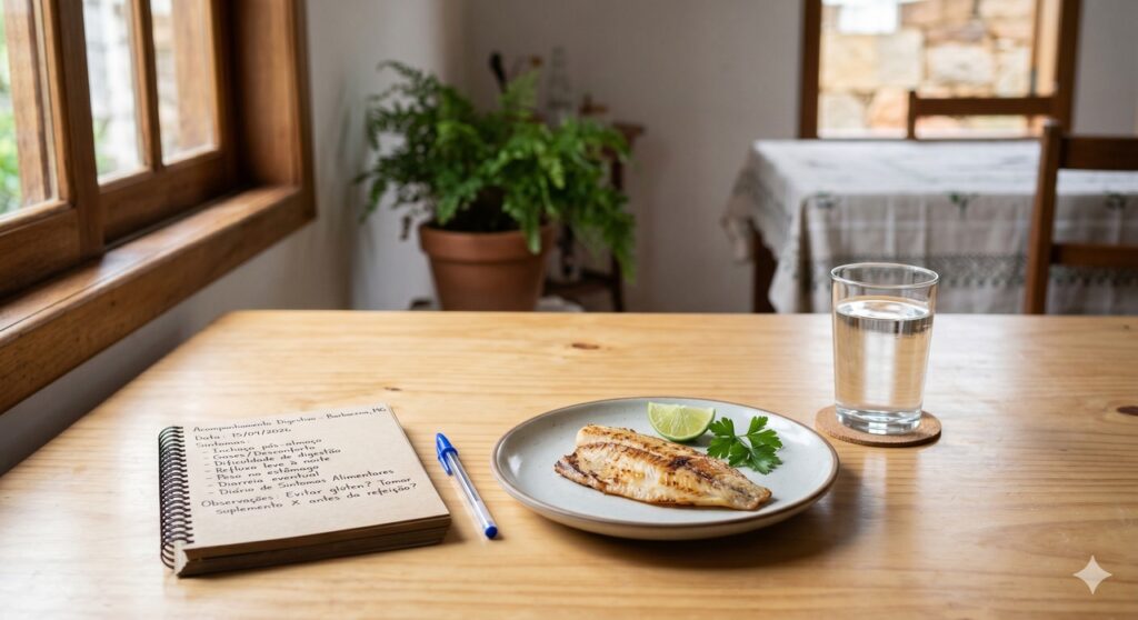 Alimento proteico e registro de sintomas em cena simples ligada à má digestão