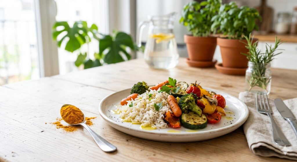 Cúrcuma em uso culinário como apoio a uma rotina de cuidado com o intestino.