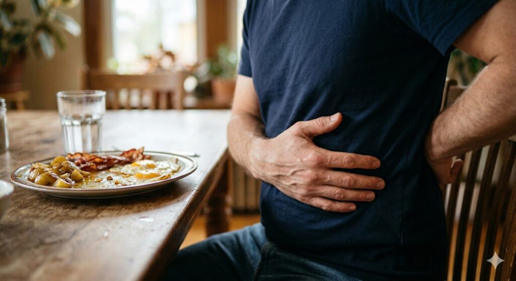 A dor do fígado costuma aparecer na parte superior direita do abdômen.