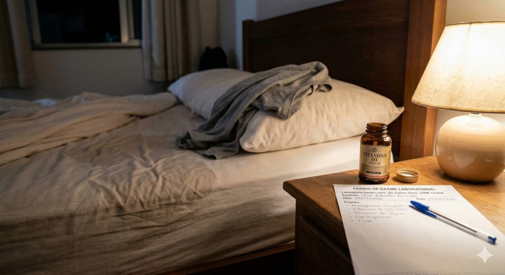 Cena realista com sinais de suor noturno e itens ligados à avaliação da vitamina D
