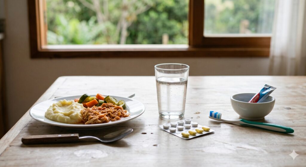 Itens do dia a dia que ajudam a contextualizar boca seca, hidratação e alimentação no idoso.