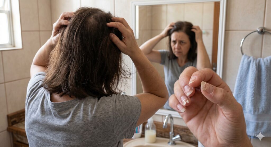 Pessoa nota queda de cabelo e unhas fracas como sinais que podem ter ligação com o intestino.