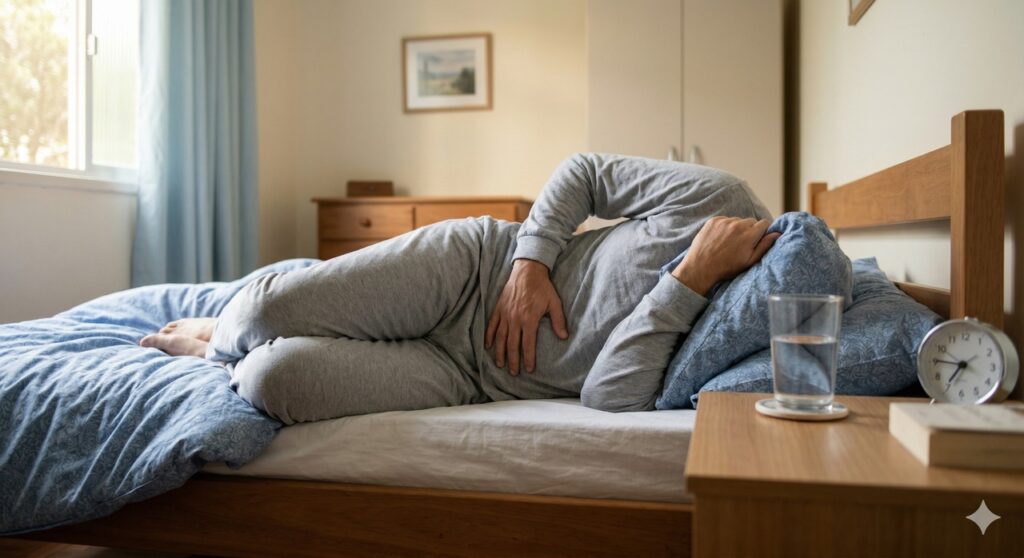 Pessoa segura a lateral esquerda do abdômen ao acordar com dor aguda