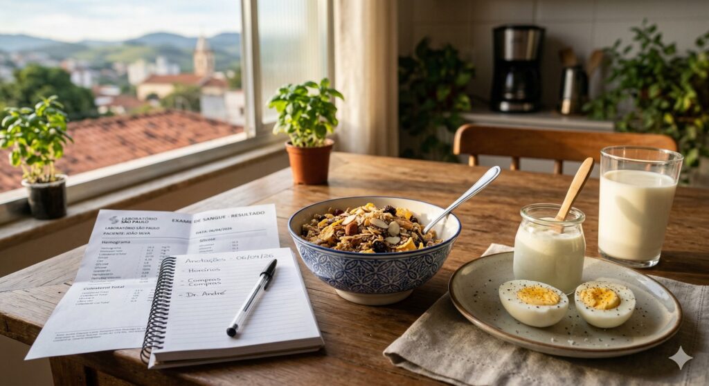 Alimentos ricos em vitamina B12 em cena que remete à investigação do cansaço persistente.