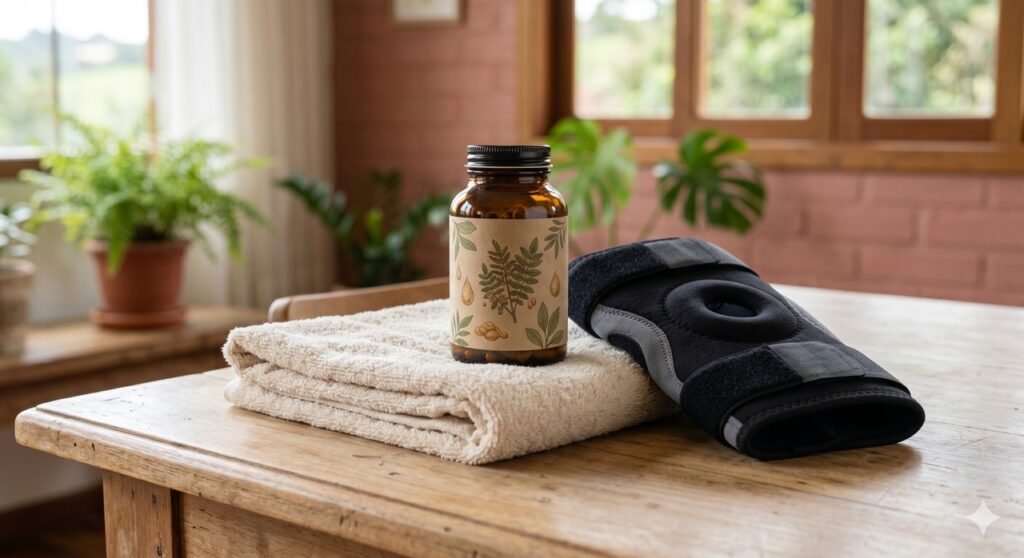 Suplemento de Boswellia ao lado de itens ligados ao cuidado articular no dia a dia.