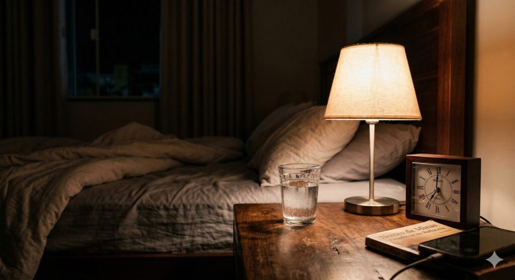 Pequena quantidade de água à noite em cena ligada ao cuidado com os rins e ao sono