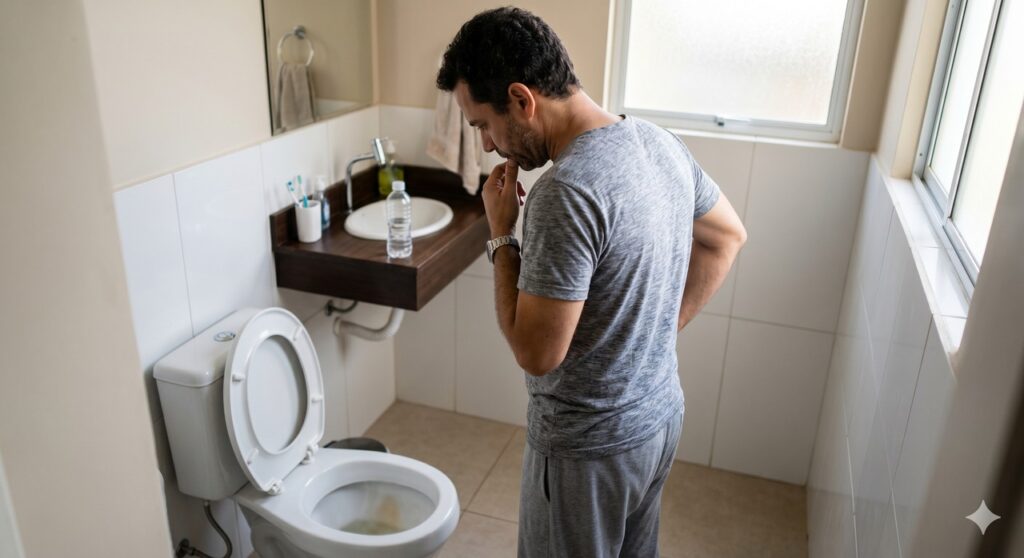 Pessoa percebe urina escura pela manhã e observa o sinal com atenção.