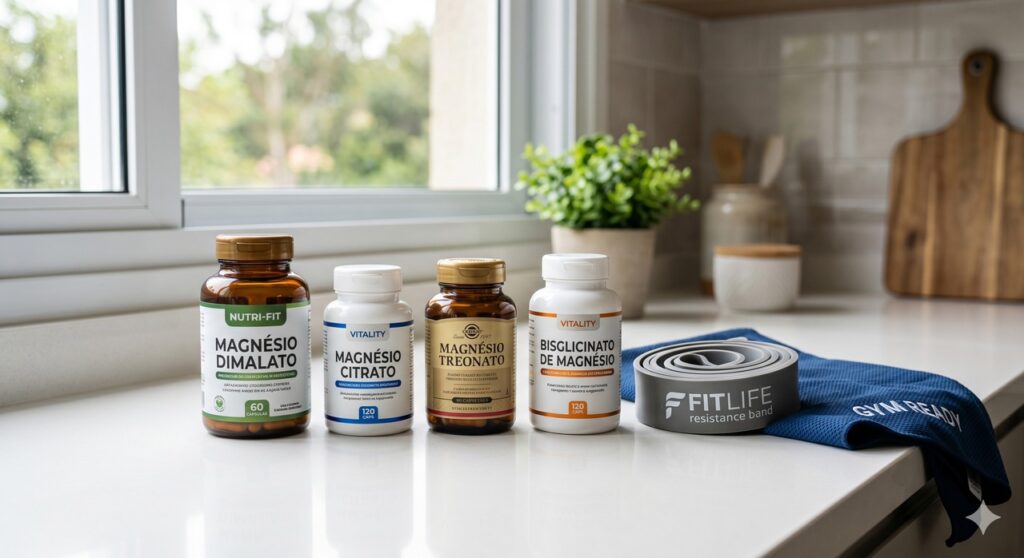 Diferentes formas de magnésio em cena que remete à escolha do suplemento para dor muscular.