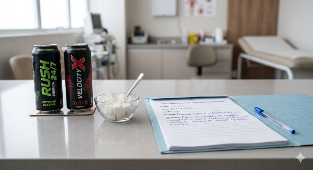 Latas de energético e açúcar remetem à sobrecarga hepática e ao uso excessivo.