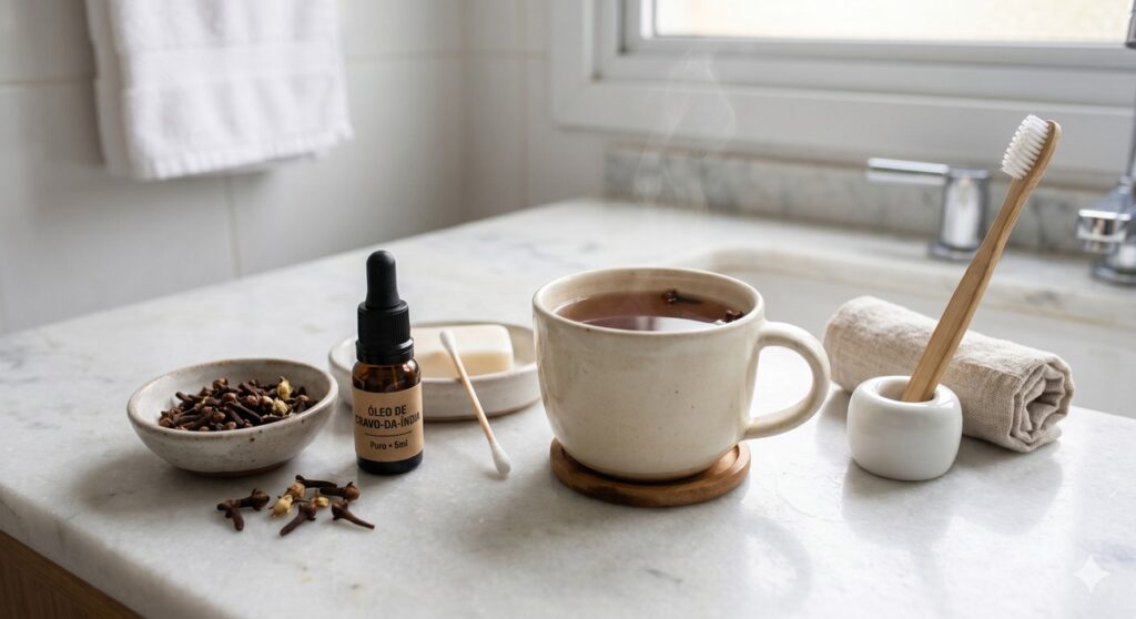 Cena mostra o cravo-da-índia e recursos simples usados no alívio temporário da dor de dente