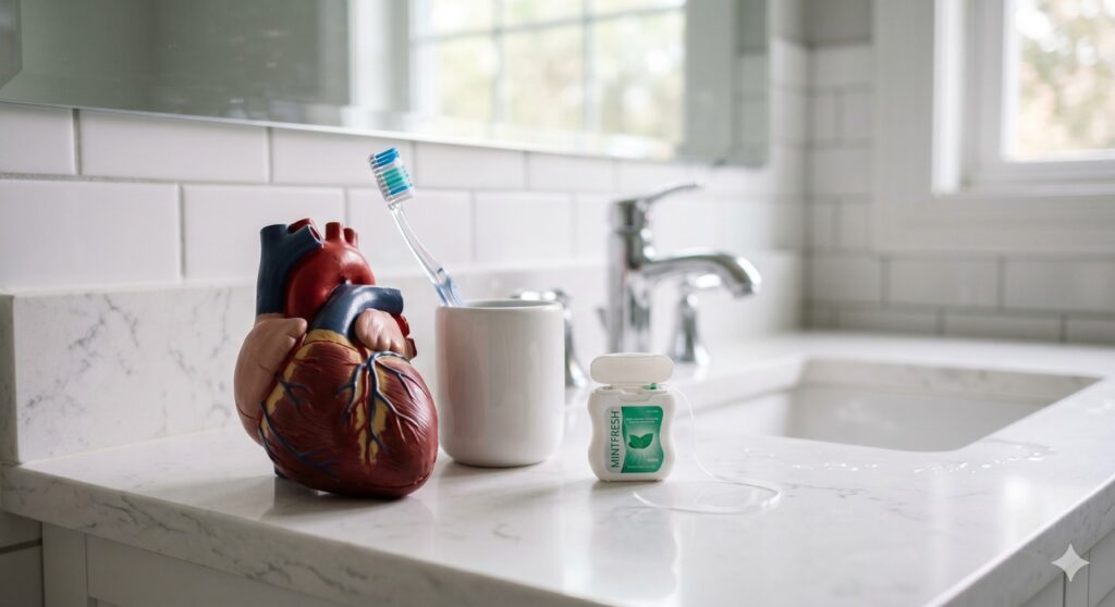 Escova, fio dental e referência ao coração remetem à relação entre boca e inflamação cardiovascular.