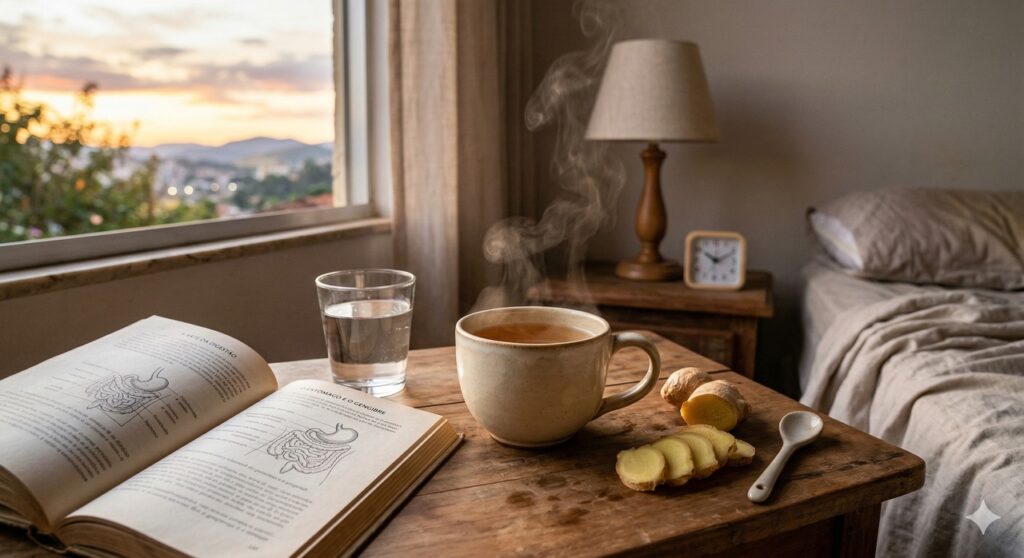 Xícara de chá de gengibre em cenário que remete aos primeiros efeitos digestivos da bebida.