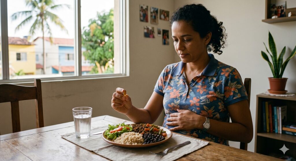 Pessoa toma magnésio junto da refeição para aliviar a dor sem pesar na digestão.