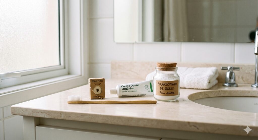Escova, fio dental e bicarbonato em cena simples ligada à prevenção do tártaro