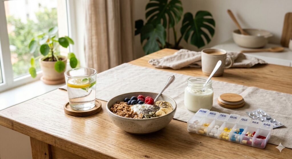 Cena mostra itens ligados ao cuidado do intestino e à prevenção da inflamação na terceira idade