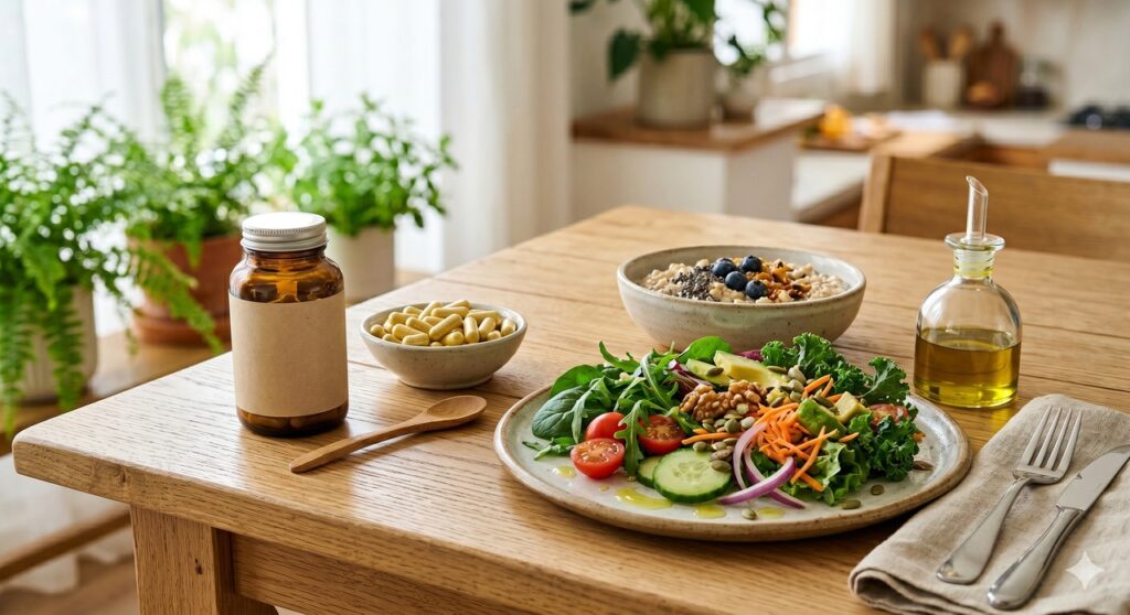 Frasco de berberina ao lado de alimentos associados a uma rotina de cuidado com o fígado.