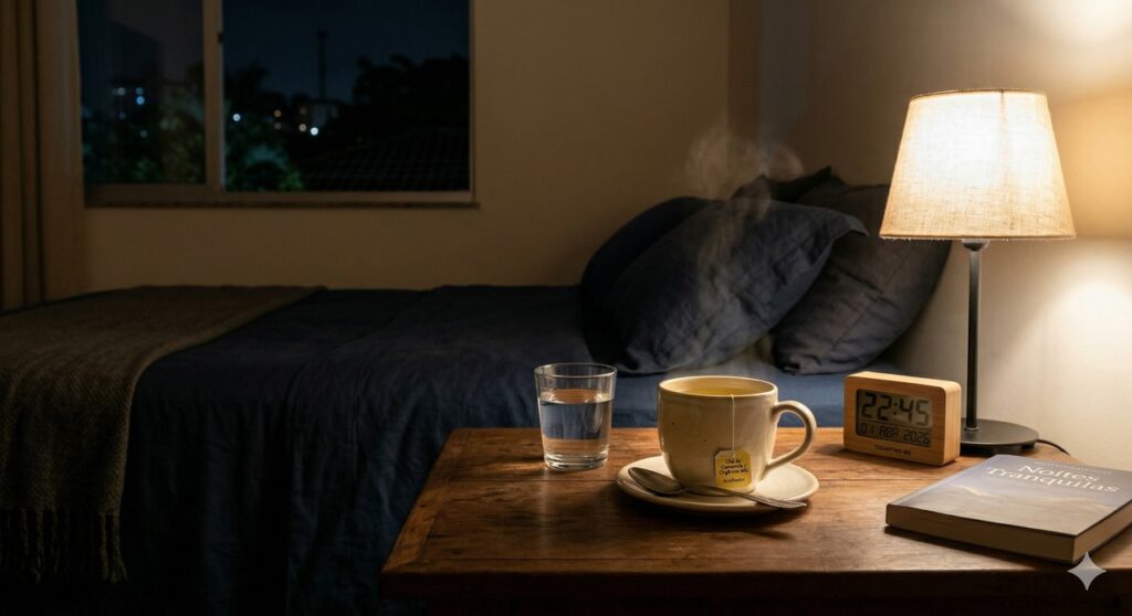 Pequeno copo de água e chá de camomila sugerem hidratação leve antes de dormir