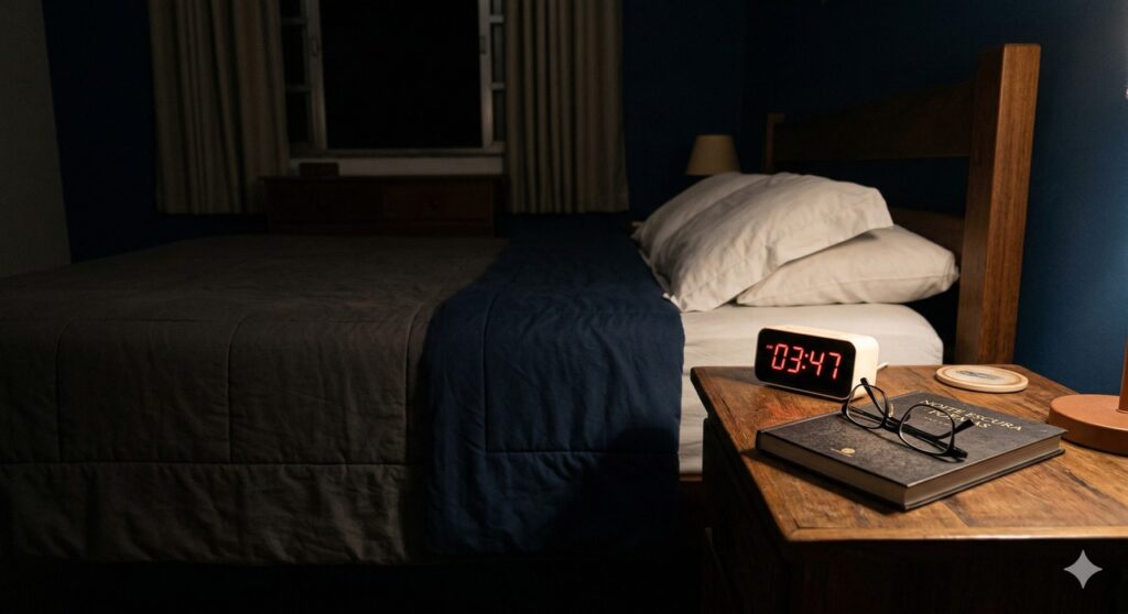 Cena realista que remete à privação de sono e à proteção da saúde cerebral