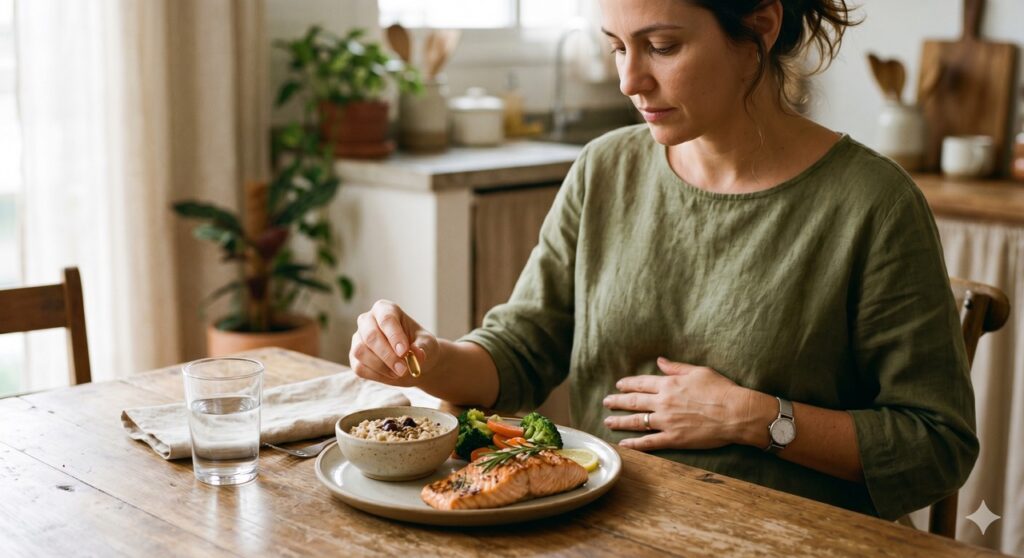 Mulher segura cápsula de ômega-3 à mesa com alimentos que apoiam intestino e fígado.